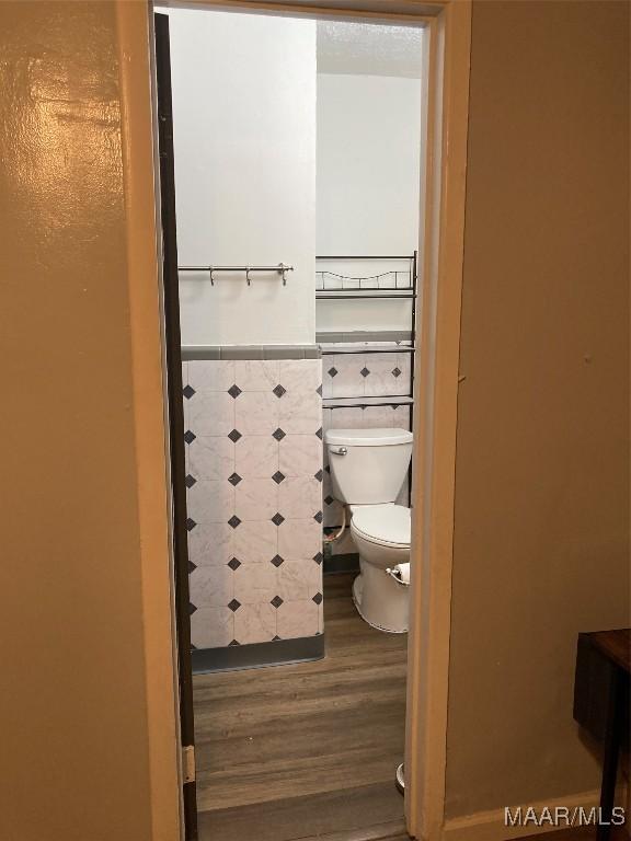 bathroom with wood-type flooring and toilet