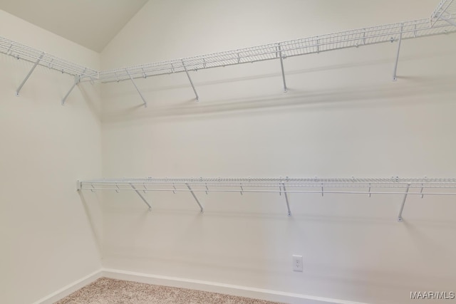 spacious closet featuring carpet floors and lofted ceiling