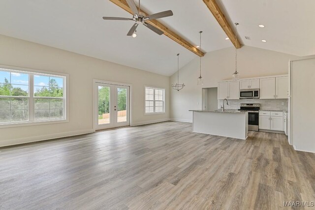 96 Madix Dr, Eclectic, AL 36024 - unfurnished living room with beamed ceiling, a sink, light wood-style floors, high vaulted ceiling, and ceiling fan with notable chandelier
