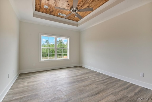 96 Madix Dr, Eclectic, AL 36024 - unfurnished room with wooden ceiling, baseboards, visible vents, a ceiling fan, and a tray ceiling