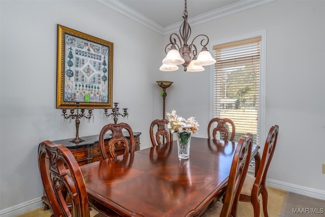 carpeted dining area with a chandelier and crown molding