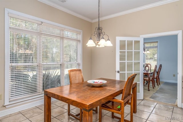 tiled dining area with an inviting chandelier, a wealth of natural light, and crown molding