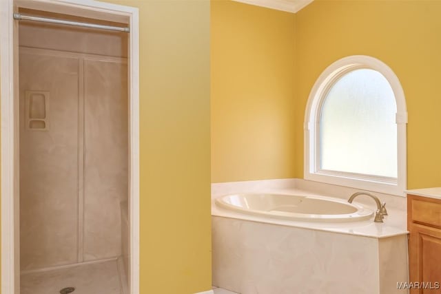 bathroom with a tub, crown molding, and vanity