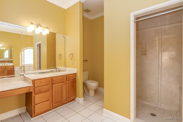 bathroom with crown molding, tile patterned flooring, vanity, and toilet