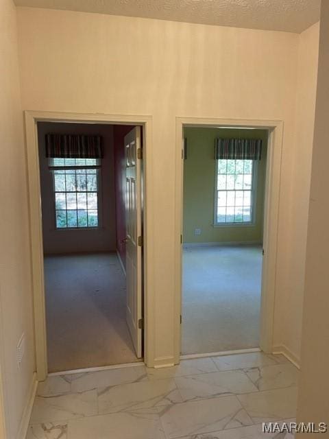 hall with plenty of natural light and a textured ceiling