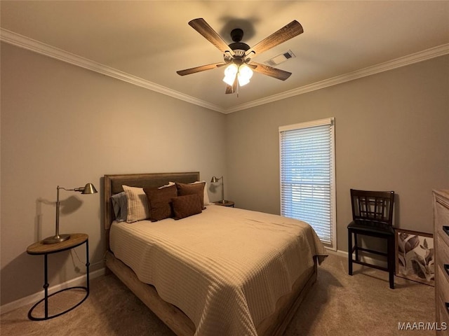 bedroom featuring carpet, ceiling fan, and crown molding