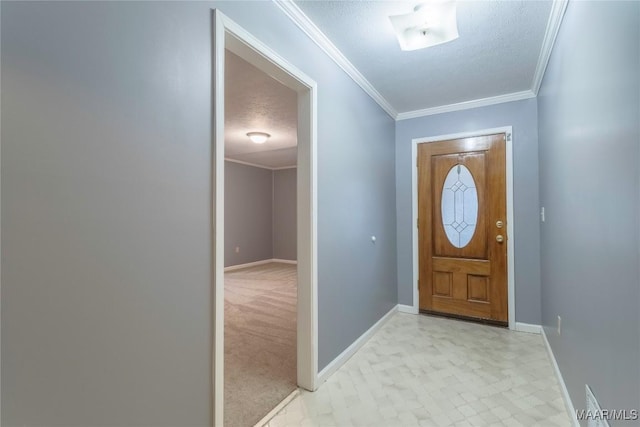 entryway with a textured ceiling, crown molding, and light carpet