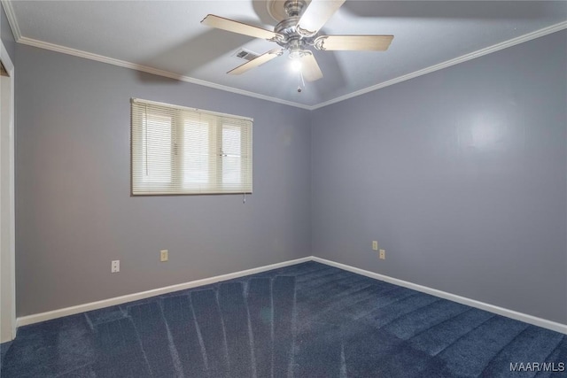 carpeted spare room featuring ceiling fan and ornamental molding