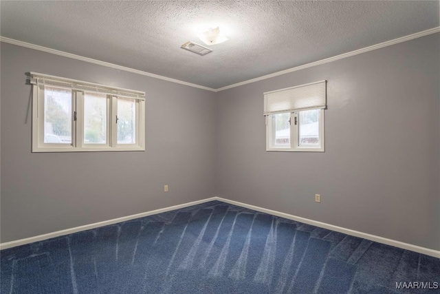 spare room featuring a textured ceiling, carpet floors, ornamental molding, and a healthy amount of sunlight