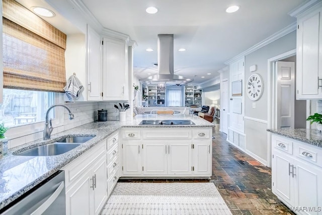 kitchen with white cabinetry, sink, dishwasher, black electric cooktop, and island range hood