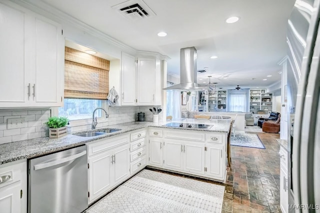 kitchen featuring kitchen peninsula, decorative backsplash, stainless steel dishwasher, island range hood, and sink