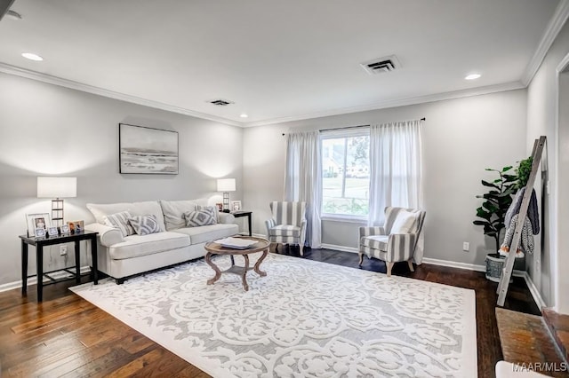 living room with crown molding and dark wood-type flooring