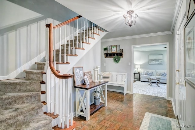 stairs featuring ornamental molding