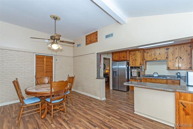 dining area with brick wall, ceiling fan, beam ceiling, high vaulted ceiling, and dark hardwood / wood-style floors