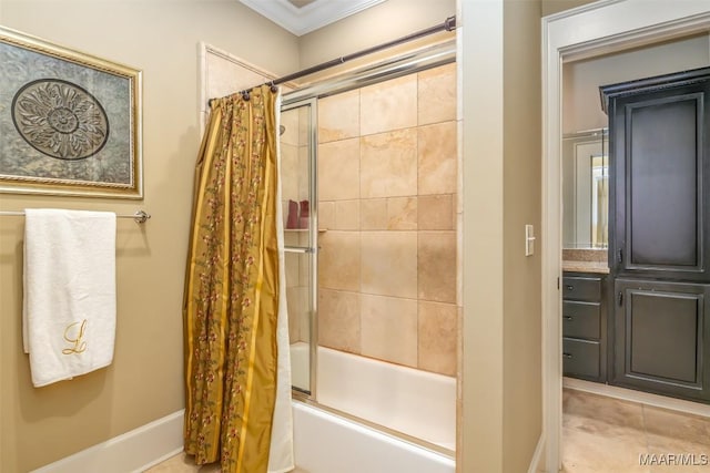 bathroom featuring tile patterned flooring, shower / tub combo, and ornamental molding