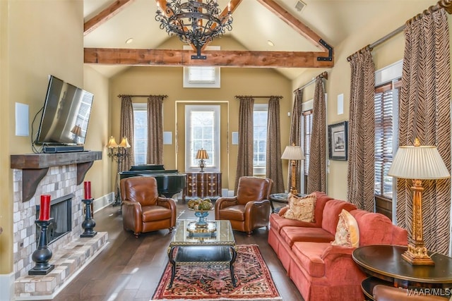 living area featuring high vaulted ceiling, beamed ceiling, dark wood-type flooring, and a notable chandelier