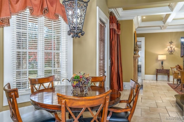 dining space with beamed ceiling, ornamental molding, and coffered ceiling