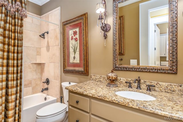 full bathroom featuring vanity, toilet, shower / bathtub combination with curtain, and crown molding