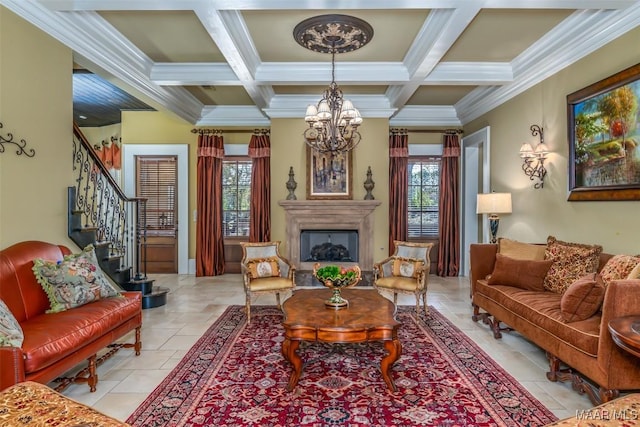 living room featuring light tile patterned flooring, coffered ceiling, ornamental molding, beam ceiling, and a chandelier