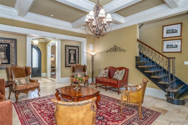 sitting room featuring beamed ceiling, coffered ceiling, crown molding, and a chandelier