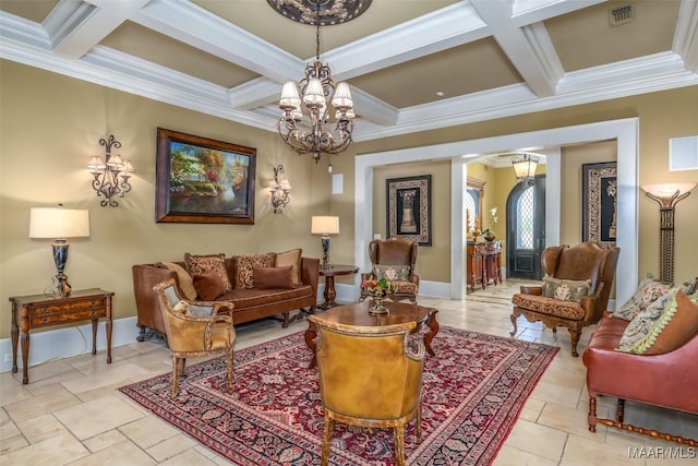 living area featuring beamed ceiling, an inviting chandelier, ornamental molding, and coffered ceiling