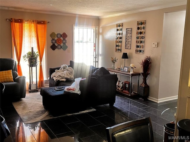 living room featuring a textured ceiling and ornamental molding