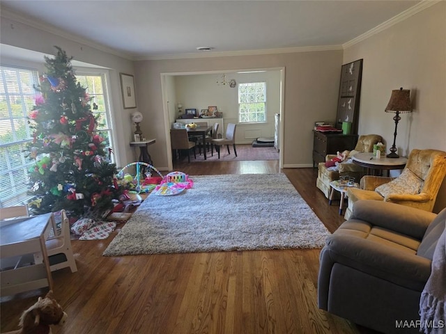 living room with crown molding and dark hardwood / wood-style flooring