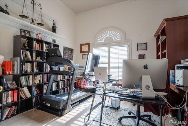 home office with crown molding and hardwood / wood-style flooring