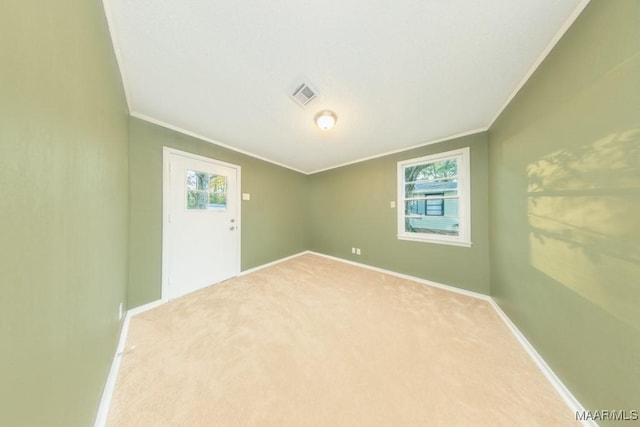 spare room with carpet and ornamental molding