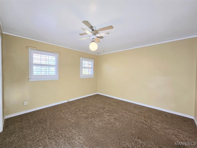 unfurnished room with ceiling fan, crown molding, and carpet