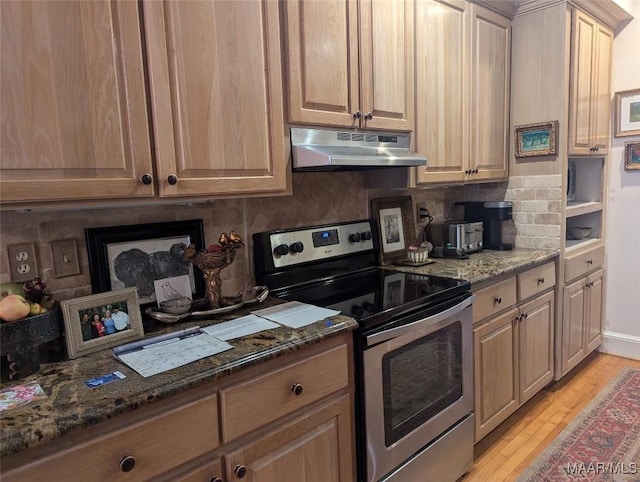 kitchen with dark stone counters, light hardwood / wood-style floors, tasteful backsplash, and stainless steel range with electric cooktop