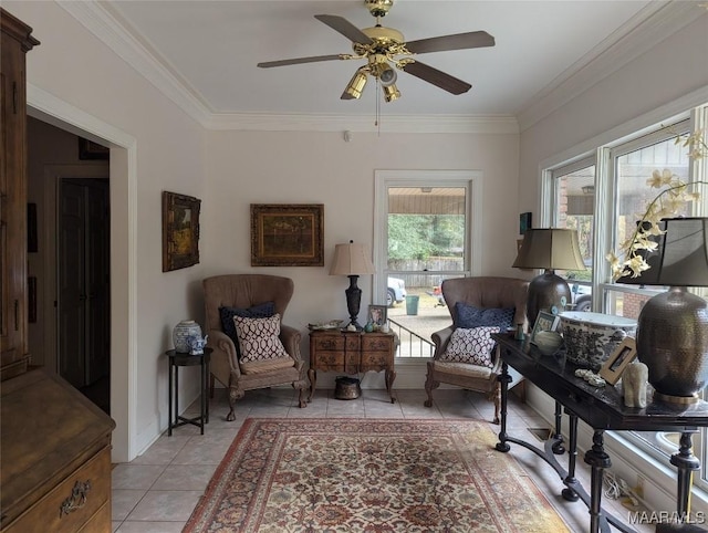 living area with ceiling fan, light tile patterned floors, and ornamental molding