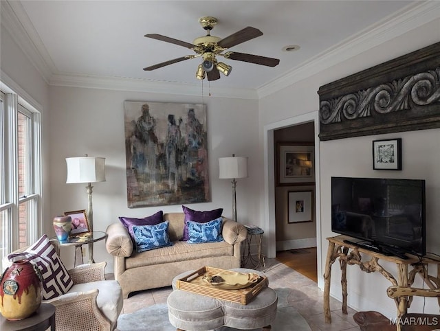 tiled living room with crown molding and ceiling fan