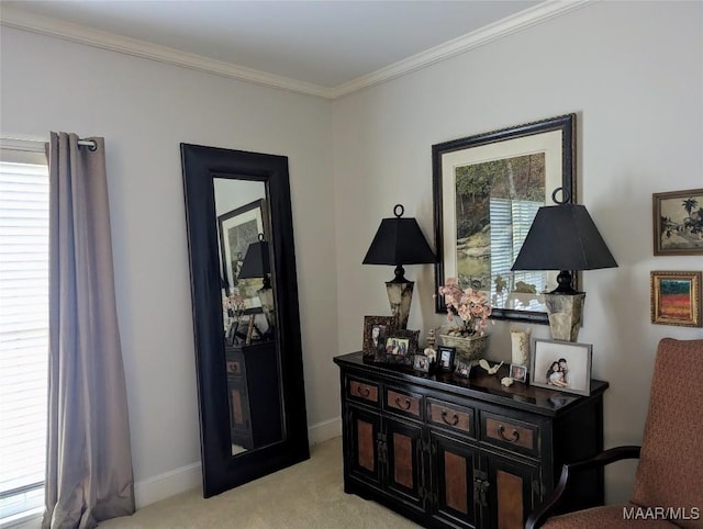 interior space featuring crown molding, a healthy amount of sunlight, and light carpet