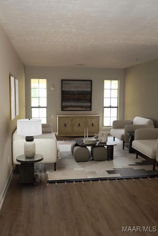 living room with wood-type flooring, a textured ceiling, and a wealth of natural light