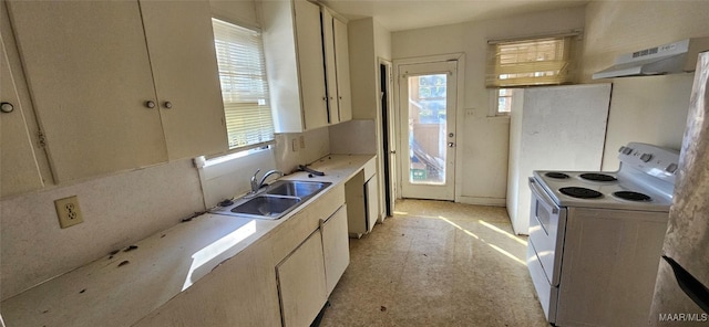 kitchen with white range with electric stovetop, exhaust hood, sink, and a wealth of natural light