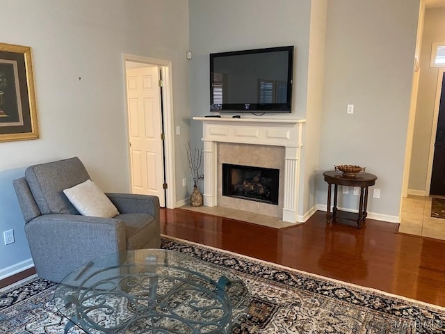 living room featuring hardwood / wood-style flooring and a fireplace