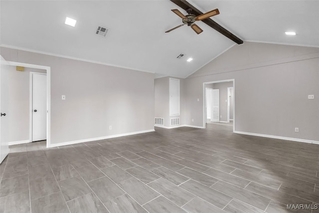 unfurnished living room featuring beamed ceiling, light hardwood / wood-style floors, high vaulted ceiling, and ceiling fan