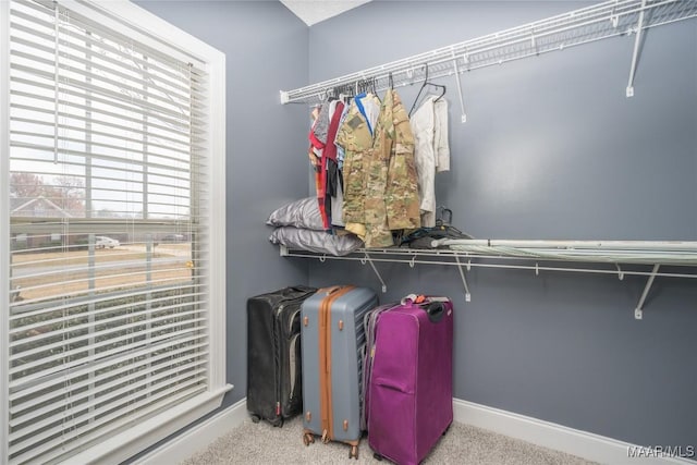 walk in closet with light colored carpet