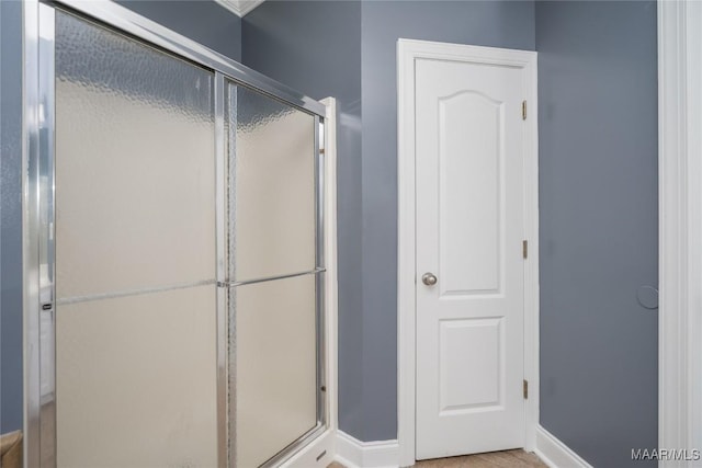 bathroom featuring a shower with shower door