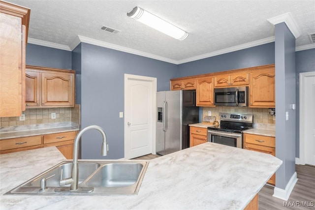 kitchen featuring tasteful backsplash, stainless steel appliances, crown molding, sink, and light hardwood / wood-style floors