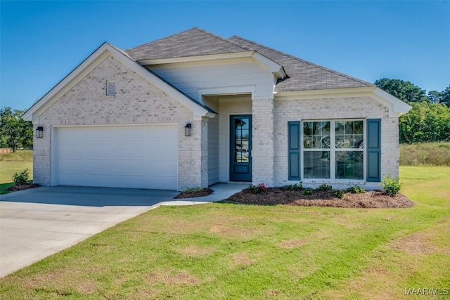 view of front of home with roof with shingles, brick siding, a front yard, a garage, and driveway