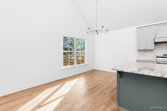 2065 Robinson Pond Rd, Prattville, AL 36067 - unfurnished dining area with high vaulted ceiling, baseboards, an inviting chandelier, and light wood-style flooring