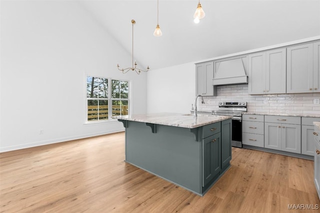 2065 Robinson Pond Rd, Prattville, AL 36067 - kitchen featuring custom exhaust hood, gray cabinetry, stainless steel electric range oven, and a sink