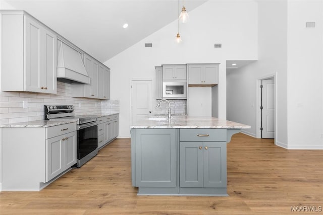 2065 Robinson Pond Rd, Prattville, AL 36067 - kitchen with a sink, gray cabinetry, stainless steel electric range oven, high vaulted ceiling, and custom range hood