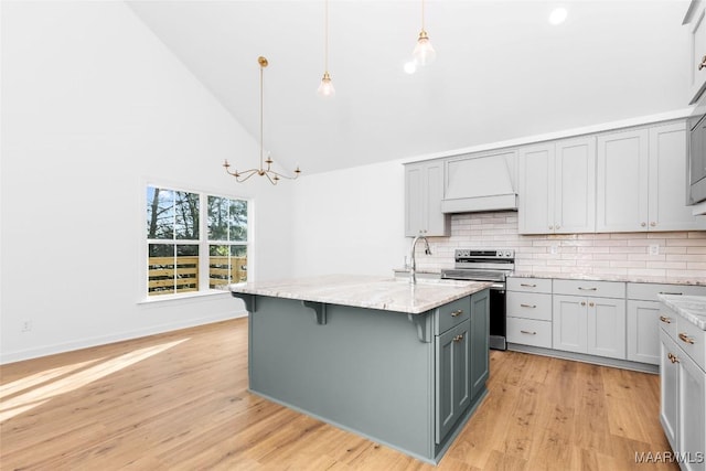 2065 Robinson Pond Rd, Prattville, AL 36067 - kitchen with high vaulted ceiling, a sink, stainless steel electric range oven, premium range hood, and gray cabinetry
