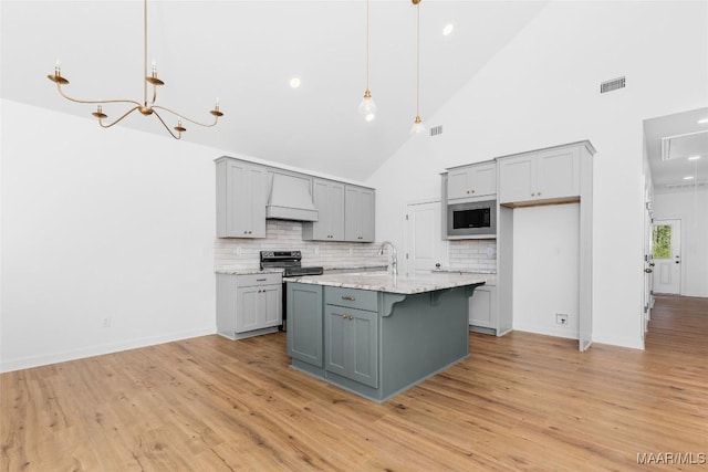 2065 Robinson Pond Rd, Prattville, AL 36067 - kitchen featuring high vaulted ceiling, appliances with stainless steel finishes, custom range hood, and gray cabinetry