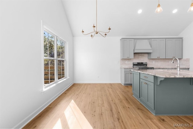 2065 Robinson Pond Rd, Prattville, AL 36067 - kitchen featuring gray cabinets, premium range hood, a chandelier, and stainless steel electric range oven