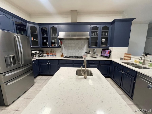 kitchen featuring blue cabinetry, sink, stainless steel appliances, and ventilation hood