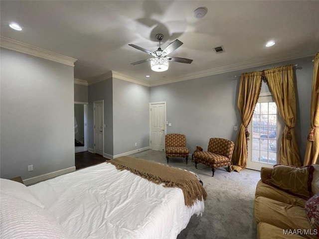 bedroom with carpet, ceiling fan, and crown molding